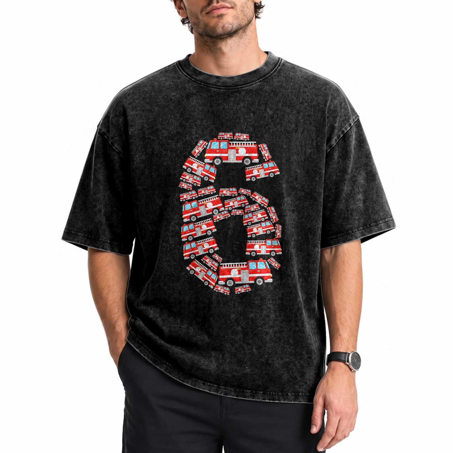 Fire Truck 6th Birthday Washed Cotton T-Shirt Firefighter Gift For Six Year Old Kid