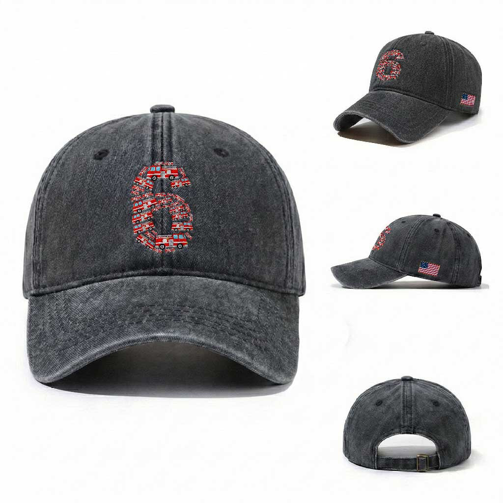 Fire Truck 6th Birthday Washed Cotton Baseball Cap Firefighter Gift For Six Year Old Kid