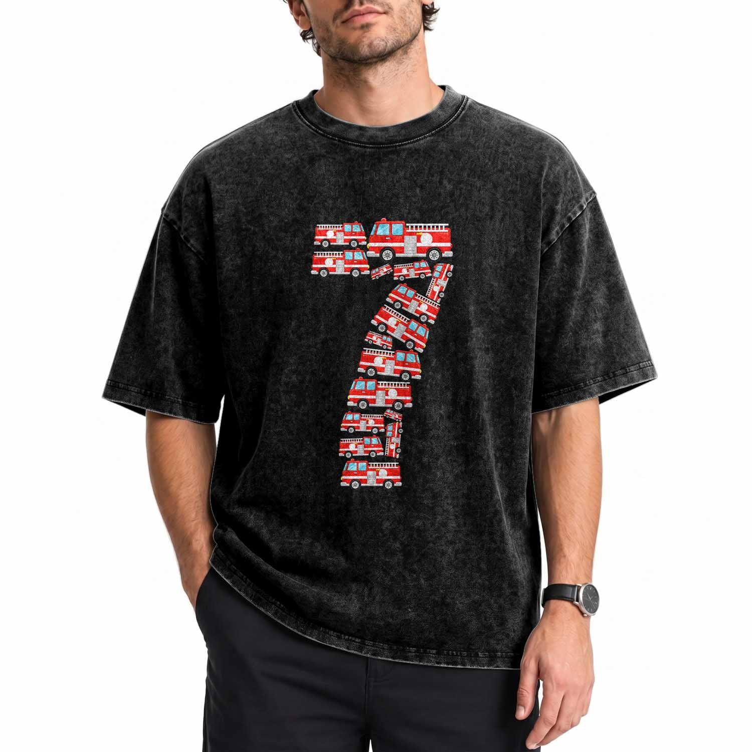 Fire Truck 7th Birthday Washed Cotton T-Shirt Firefighter Gift For Seven Year Old Kid