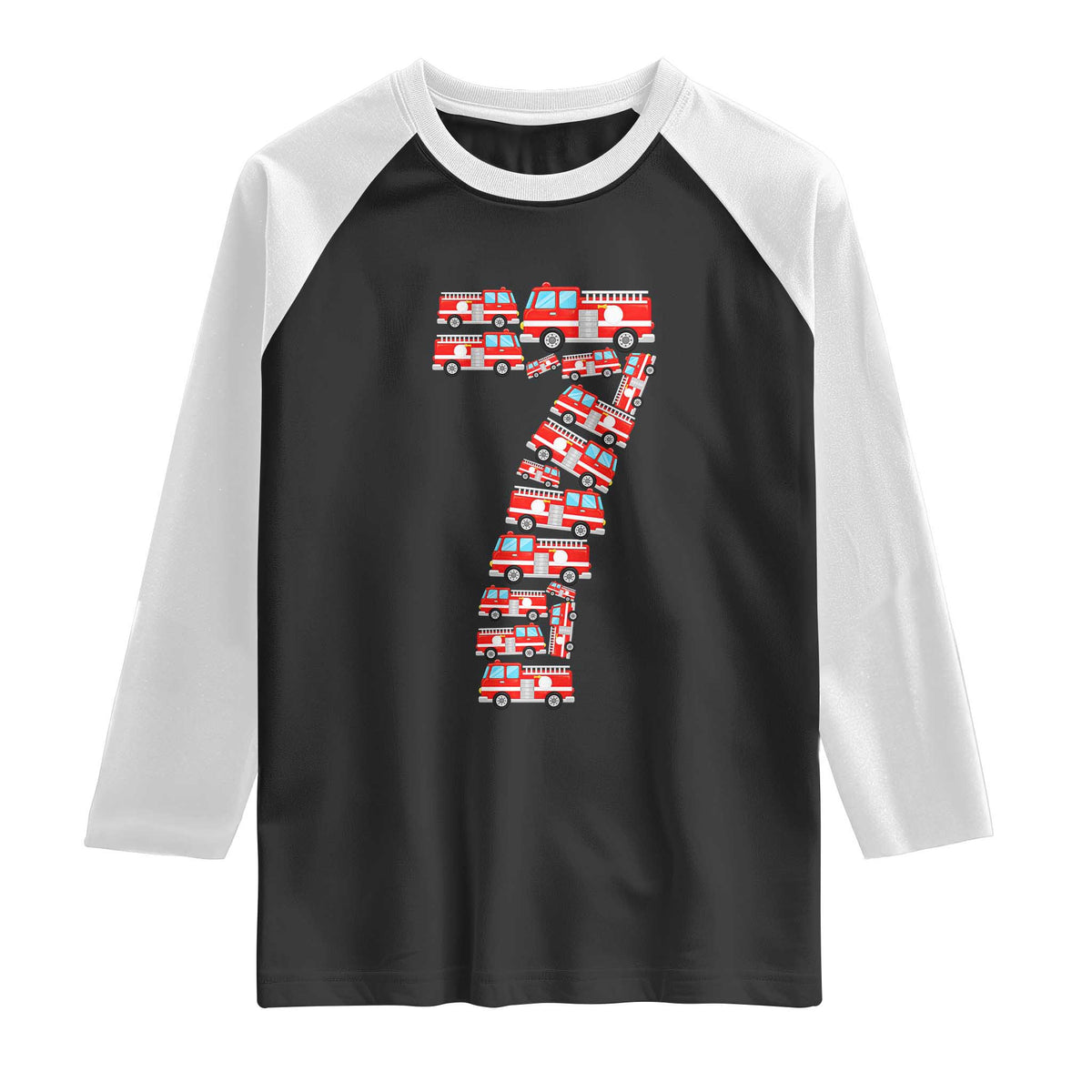 Fire Truck 7th Birthday Raglan Shirt Firefighter Gift For Seven Year Old Kid