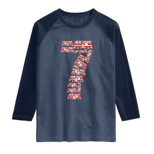 Fire Truck 7th Birthday Raglan Shirt Firefighter Gift For Seven Year Old Kid