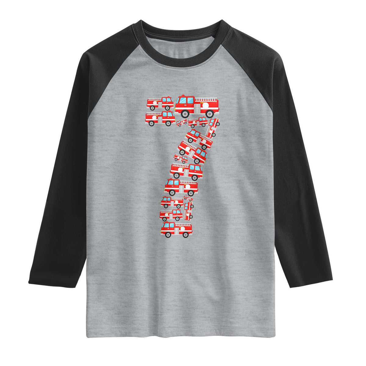 Fire Truck 7th Birthday Raglan Shirt Firefighter Gift For Seven Year Old Kid