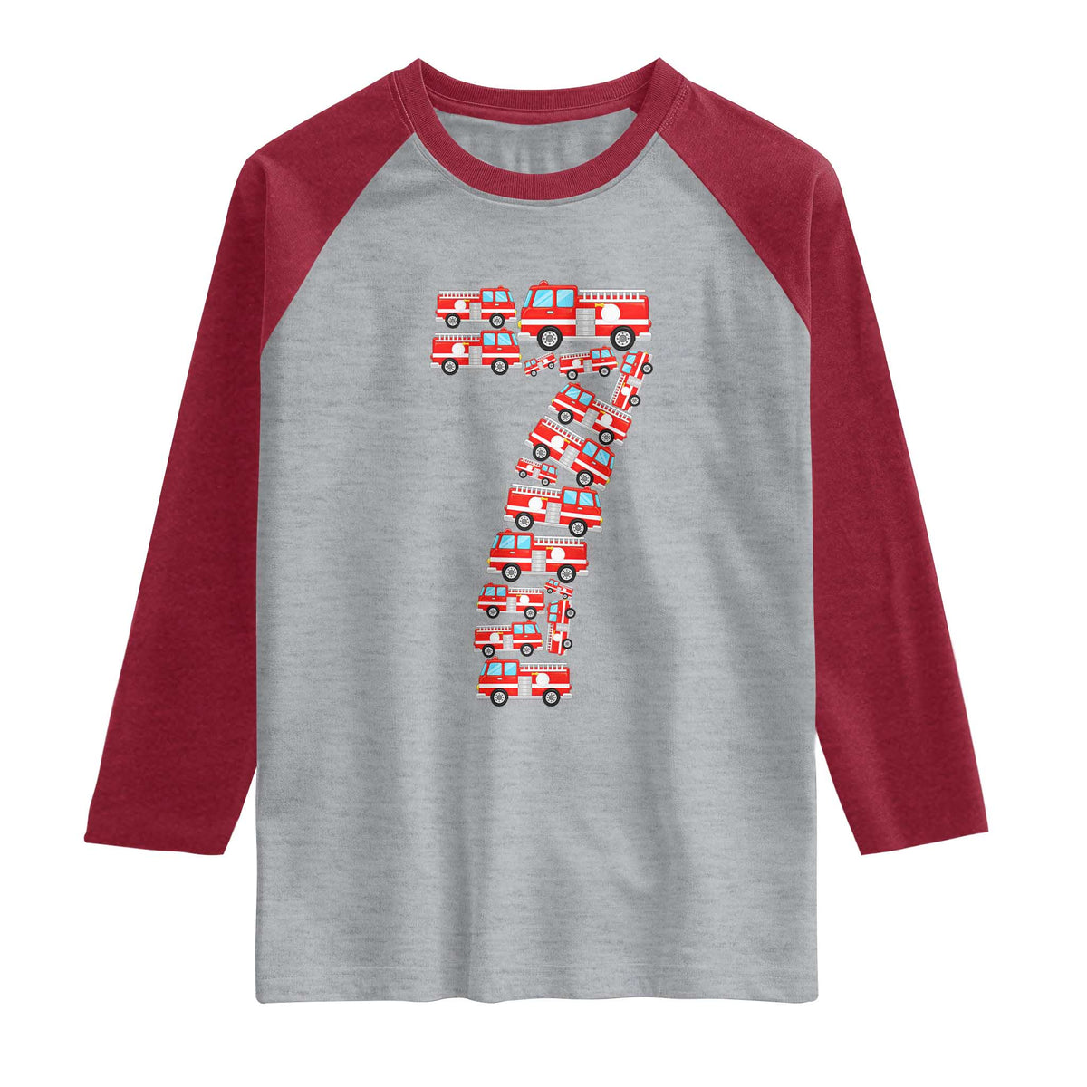 Fire Truck 7th Birthday Raglan Shirt Firefighter Gift For Seven Year Old Kid