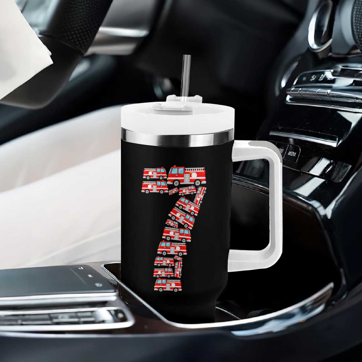 Fire Truck 7th Birthday Tumbler With Handle Firefighter Gift For Seven Year Old Kid