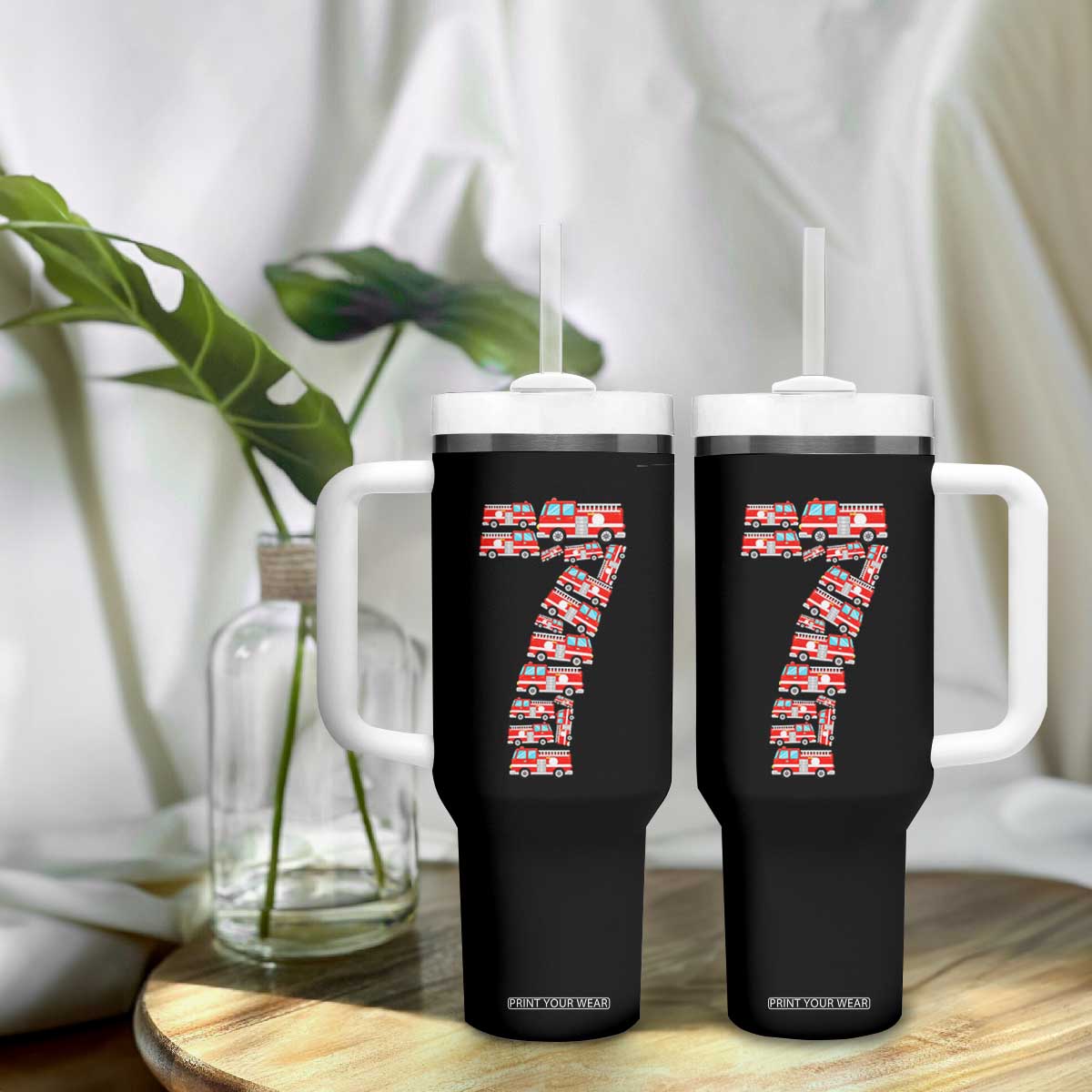Fire Truck 7th Birthday Tumbler With Handle Firefighter Gift For Seven Year Old Kid