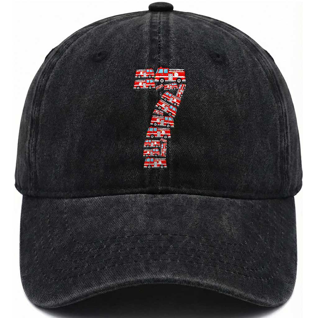 Fire Truck 7th Birthday Washed Cotton Baseball Cap Firefighter Gift For Seven Year Old Kid