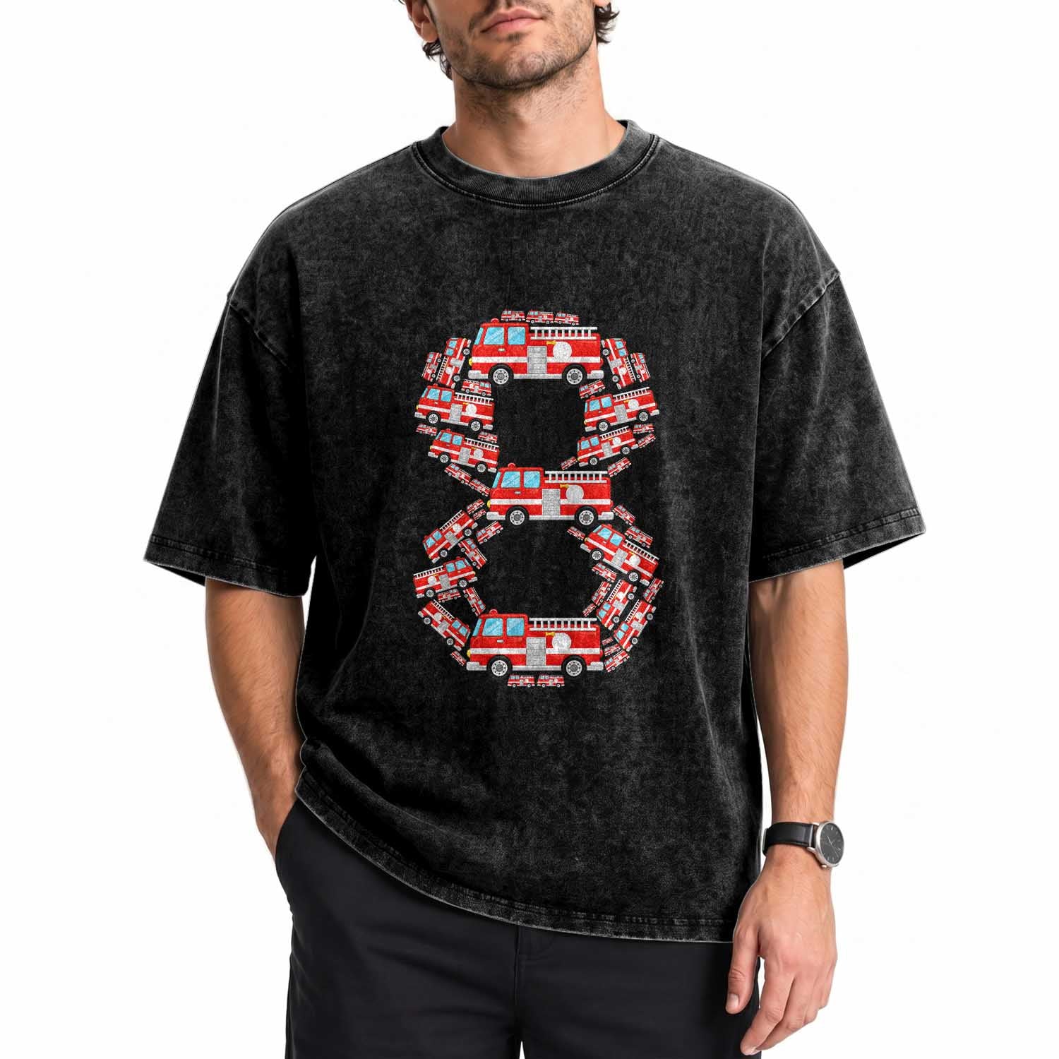 Fire Truck 8th Birthday Washed Cotton T-Shirt Firefighter Gift For Eight Year Old Kid