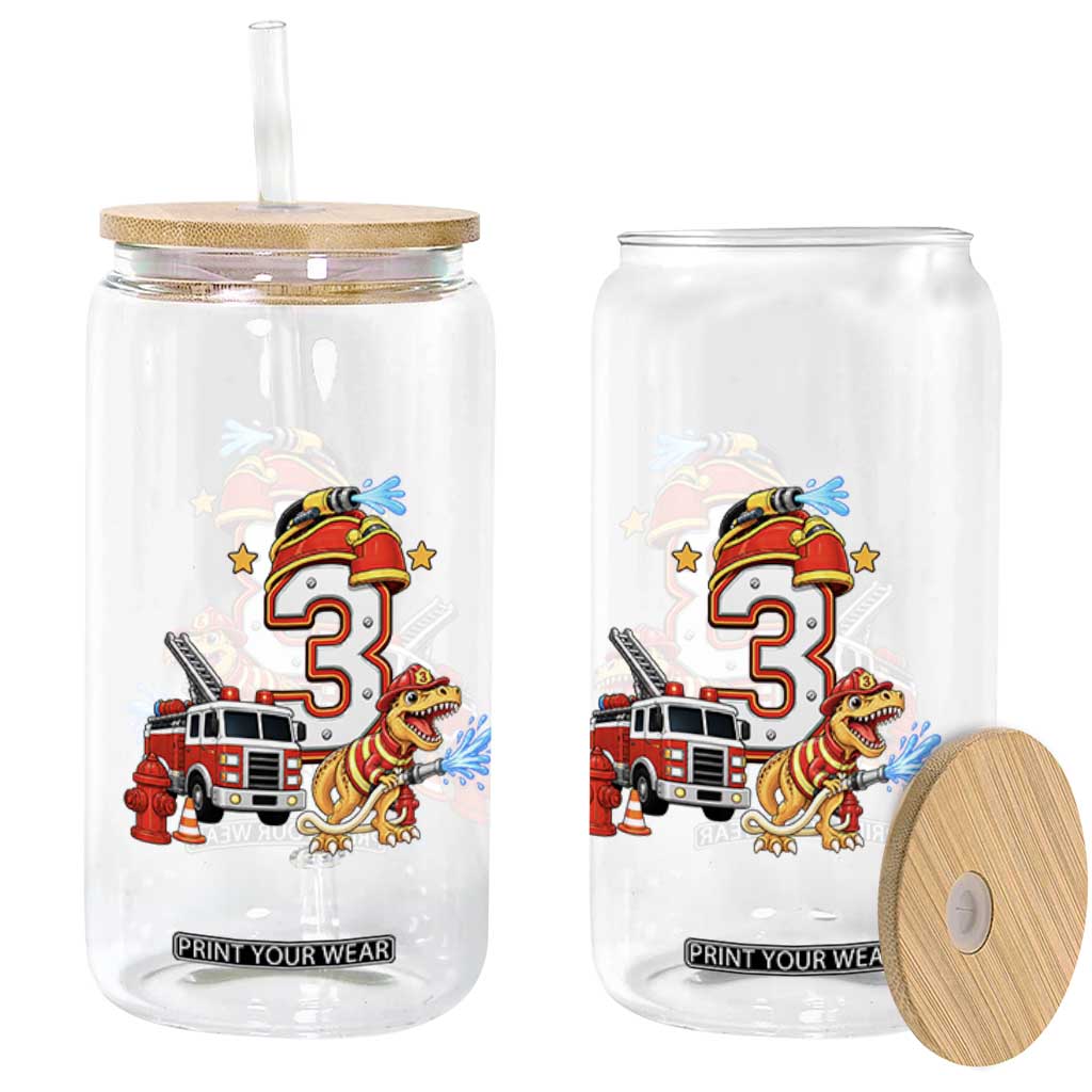 3rd Birthday Firefighter Dinosaur Glass Can Fire Engine Three Year Old Party Kids