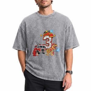 3rd Birthday Firefighter Dinosaur Washed Cotton T-Shirt Fire Engine Three Year Old Party Kids