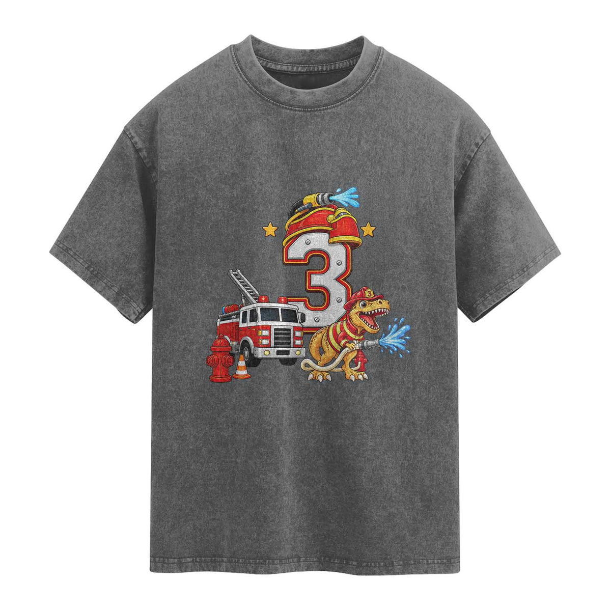 3rd Birthday Firefighter Dinosaur Washed Cotton T-Shirt Fire Engine Three Year Old Party Kids