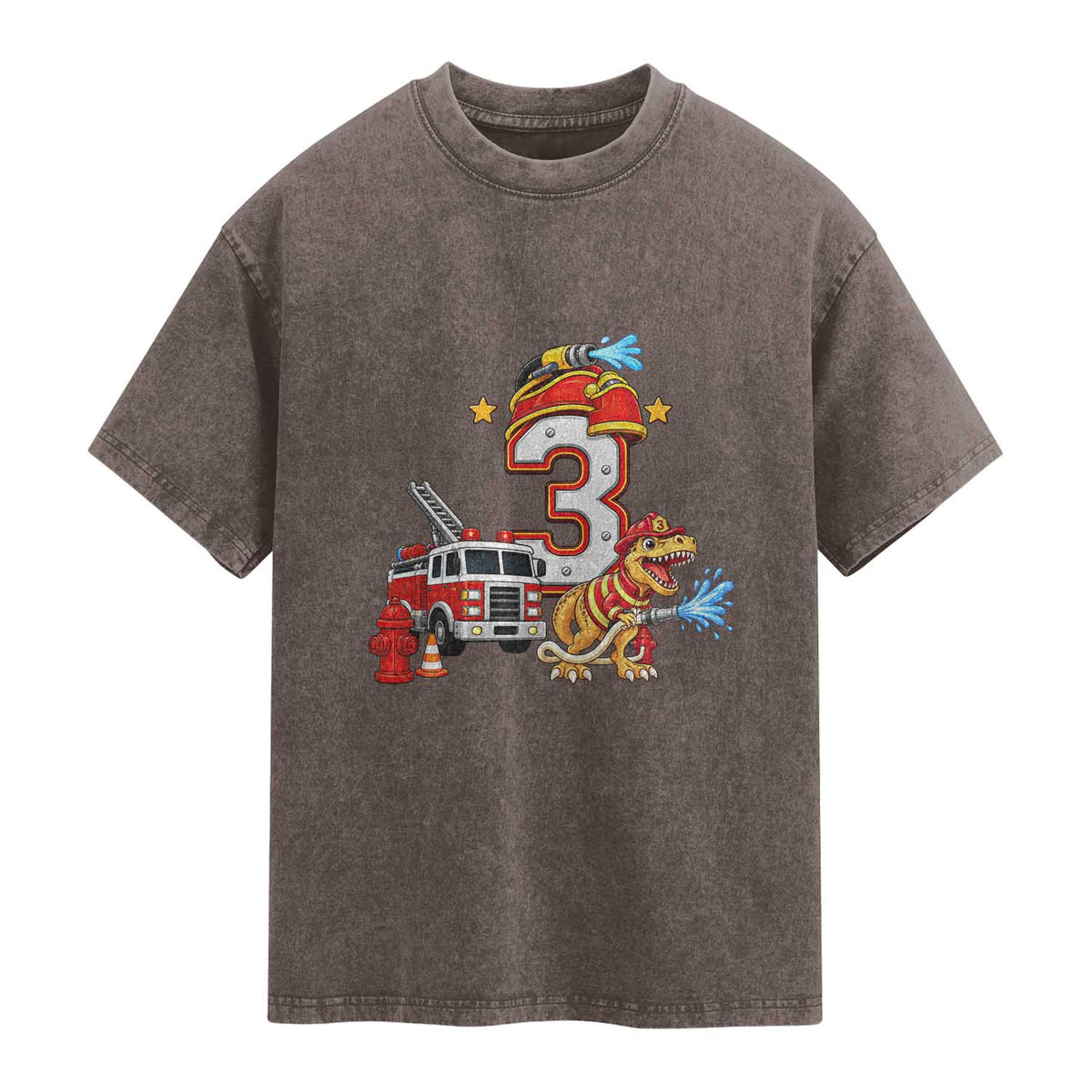 3rd Birthday Firefighter Dinosaur Washed Cotton T-Shirt Fire Engine Three Year Old Party Kids