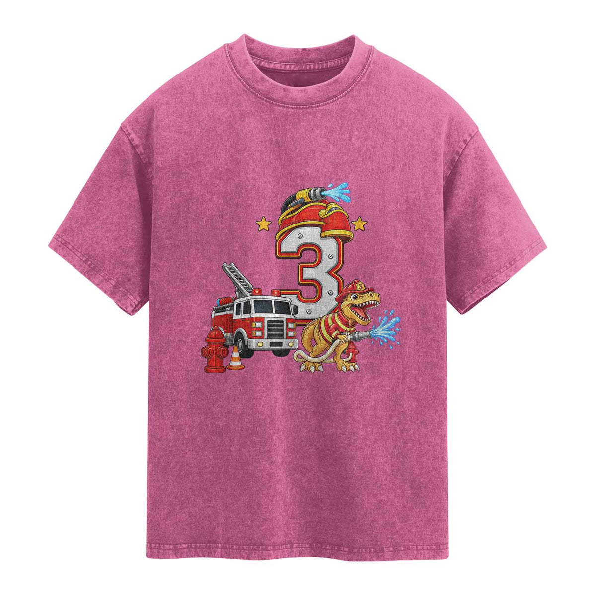 3rd Birthday Firefighter Dinosaur Washed Cotton T-Shirt Fire Engine Three Year Old Party Kids