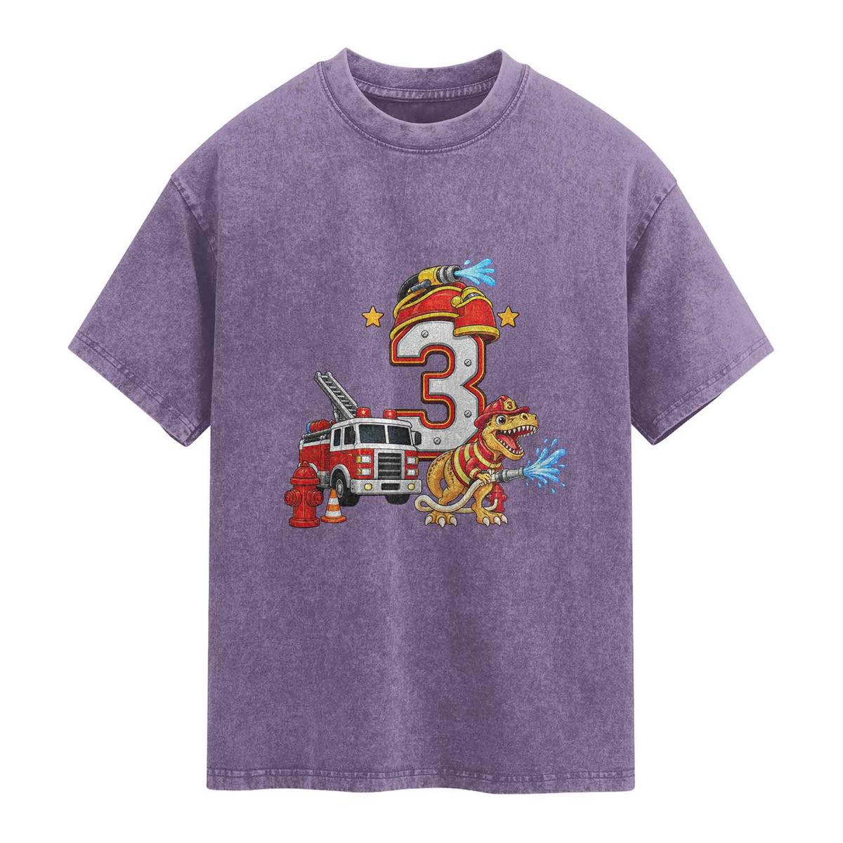 3rd Birthday Firefighter Dinosaur Washed Cotton T-Shirt Fire Engine Three Year Old Party Kids