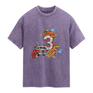 3rd Birthday Firefighter Dinosaur Washed Cotton T-Shirt Fire Engine Three Year Old Party Kids