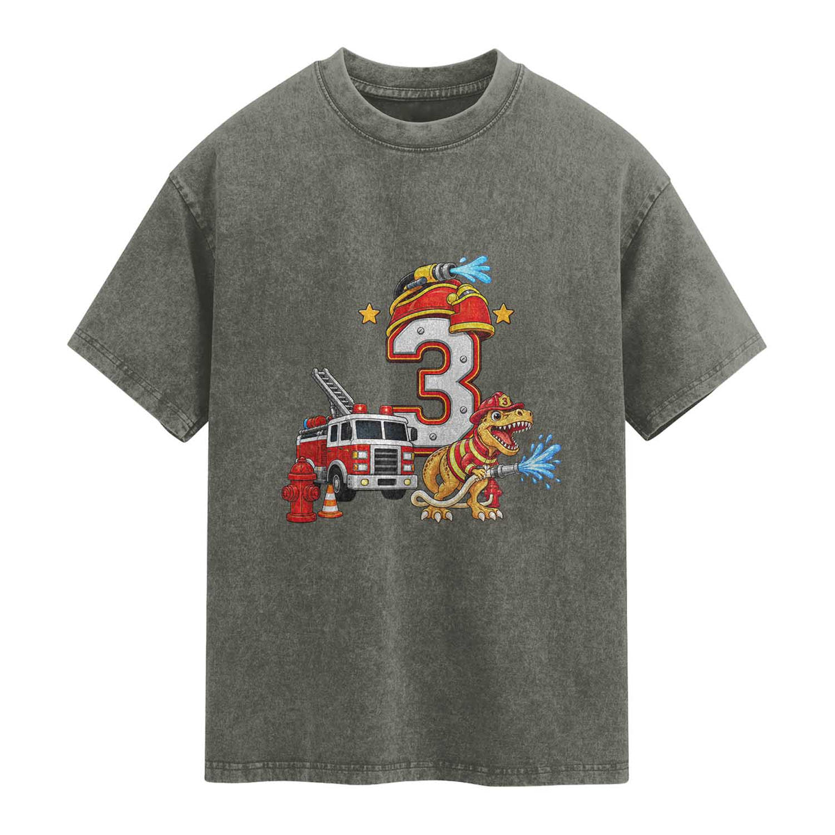 3rd Birthday Firefighter Dinosaur Washed Cotton T-Shirt Fire Engine Three Year Old Party Kids