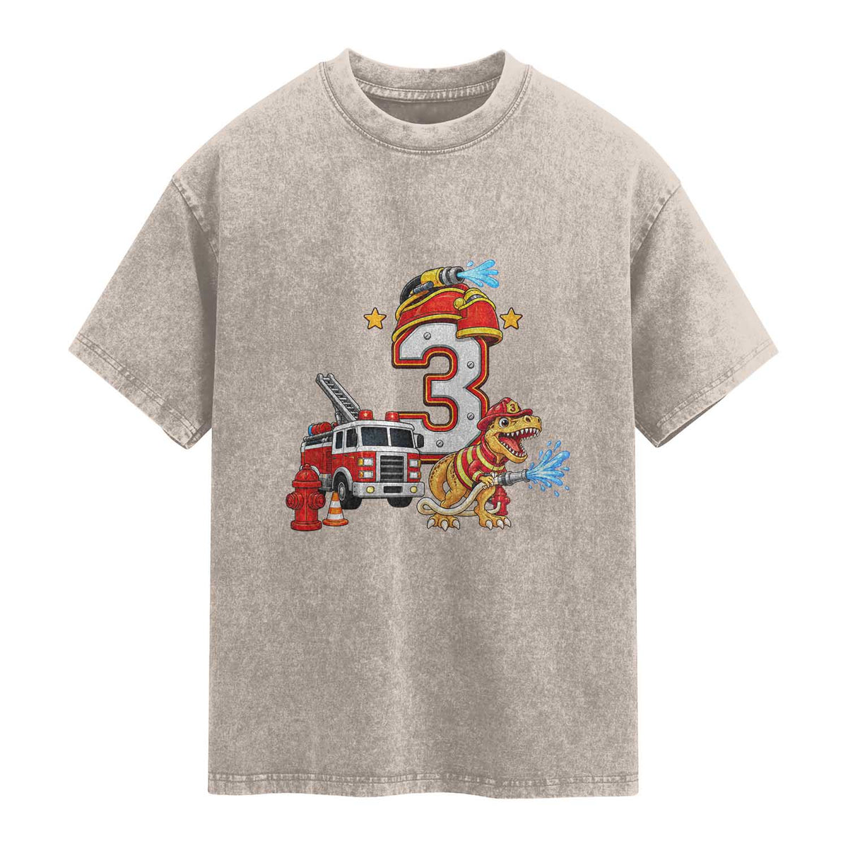 3rd Birthday Firefighter Dinosaur Washed Cotton T-Shirt Fire Engine Three Year Old Party Kids