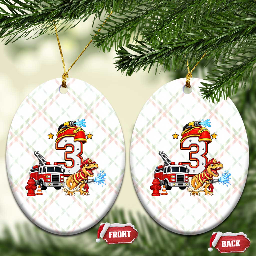 3rd Birthday Firefighter Dinosaur Ceramic Ornament Fire Engine Three Year Old Party Kids