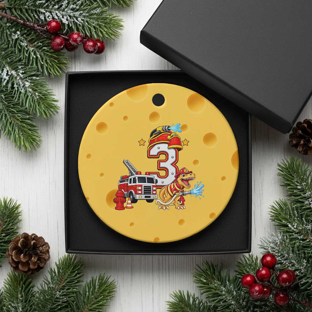 3rd Birthday Firefighter Dinosaur Ceramic Ornament Fire Engine Three Year Old Party Kids