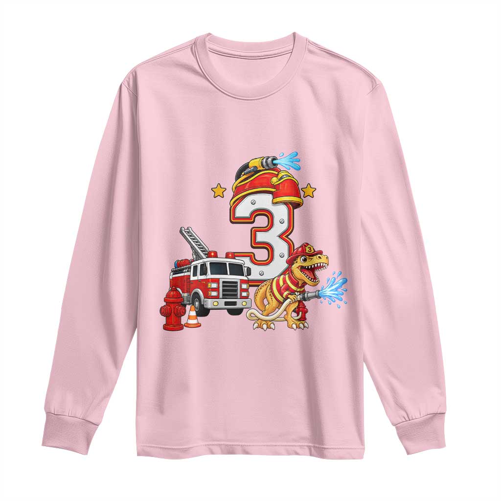 3rd Birthday Firefighter Dinosaur Long Sleeve Shirt Fire Engine Three Year Old Party Kids