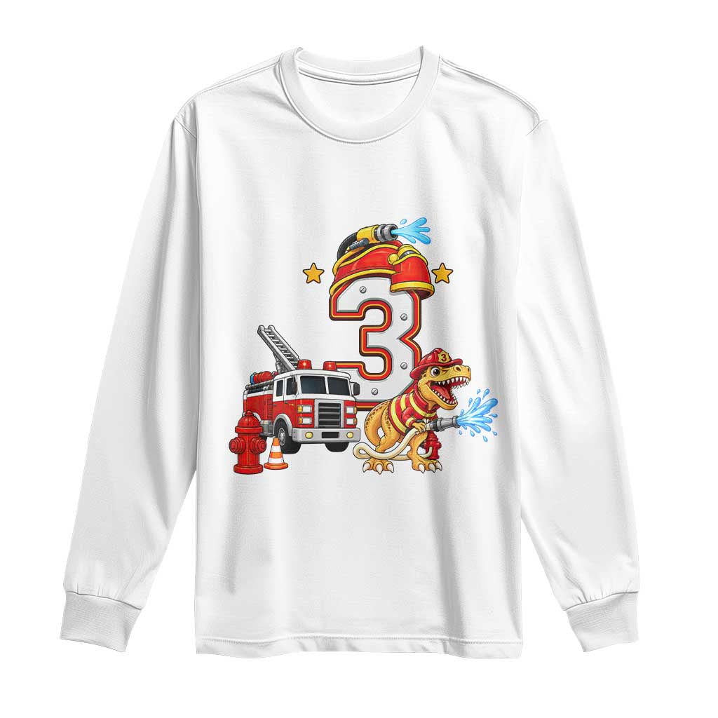3rd Birthday Firefighter Dinosaur Long Sleeve Shirt Fire Engine Three Year Old Party Kids