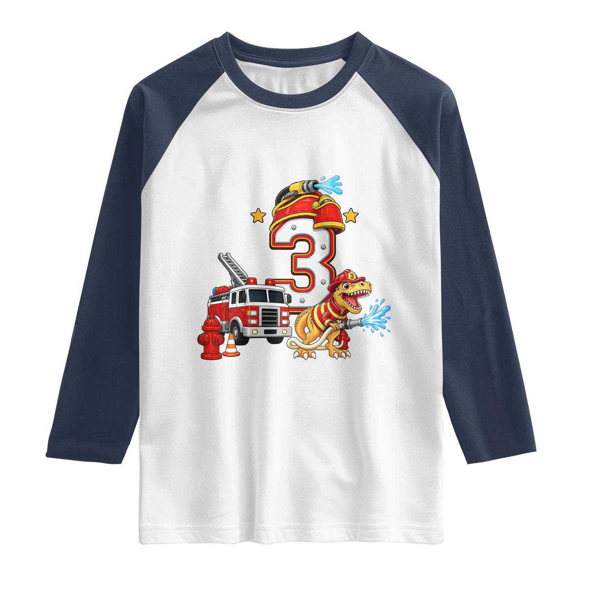 3rd Birthday Firefighter Dinosaur Raglan Shirt Fire Engine Three Year Old Party Kids