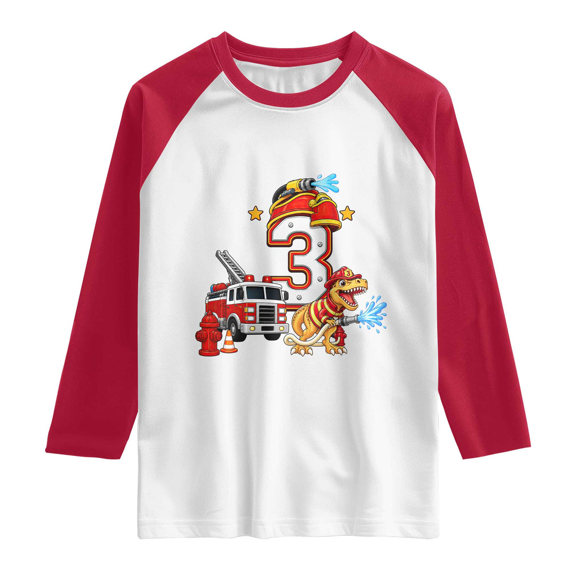 3rd Birthday Firefighter Dinosaur Raglan Shirt Fire Engine Three Year Old Party Kids