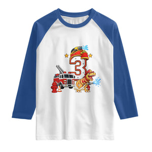 3rd Birthday Firefighter Dinosaur Raglan Shirt Fire Engine Three Year Old Party Kids