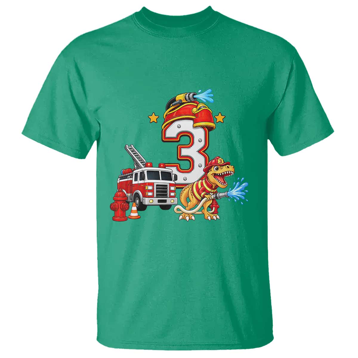 3rd Birthday Firefighter Dinosaur T Shirt Fire Engine Three Year Old Party Kids