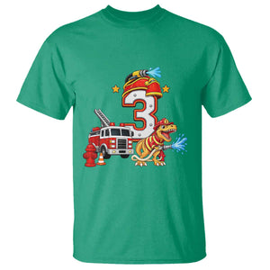 3rd Birthday Firefighter Dinosaur T Shirt Fire Engine Three Year Old Party Kids