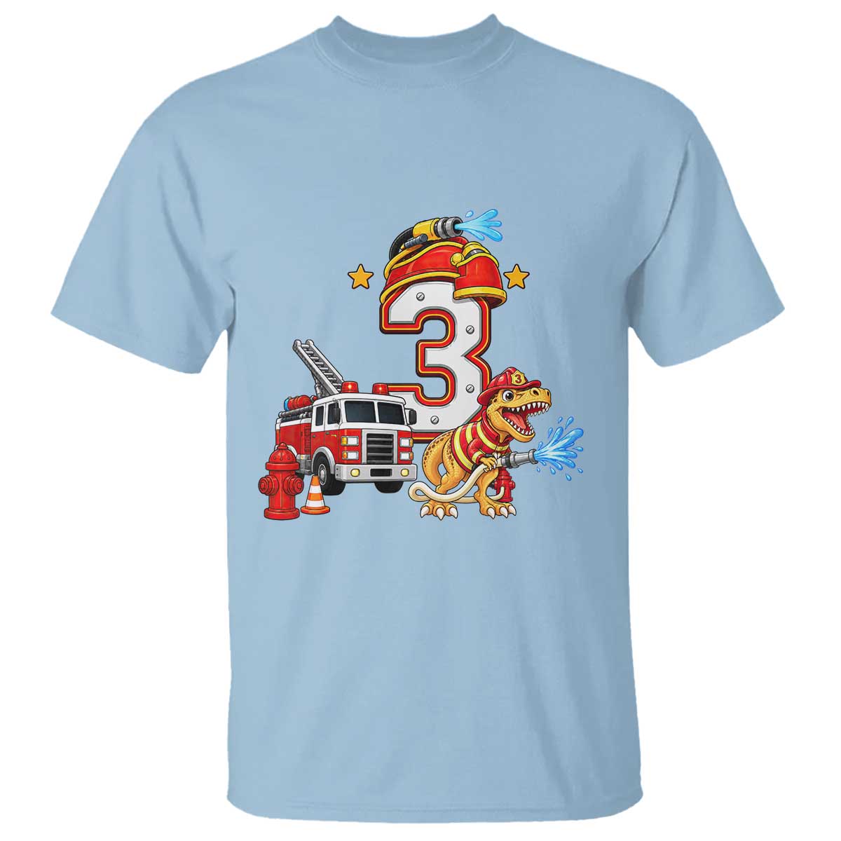 3rd Birthday Firefighter Dinosaur T Shirt Fire Engine Three Year Old Party Kids