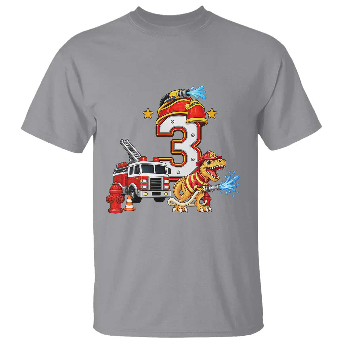 3rd Birthday Firefighter Dinosaur T Shirt Fire Engine Three Year Old Party Kids