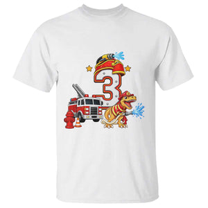 3rd Birthday Firefighter Dinosaur T Shirt Fire Engine Three Year Old Party Kids