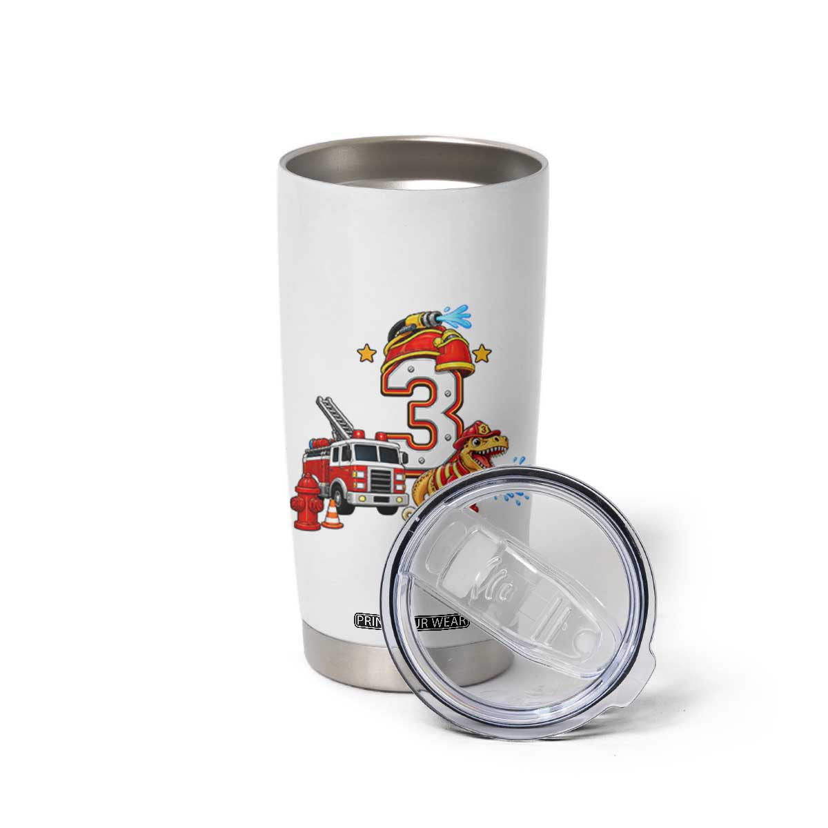 3rd Birthday Firefighter Dinosaur Tumbler Cup Fire Engine Three Year Old Party Kids