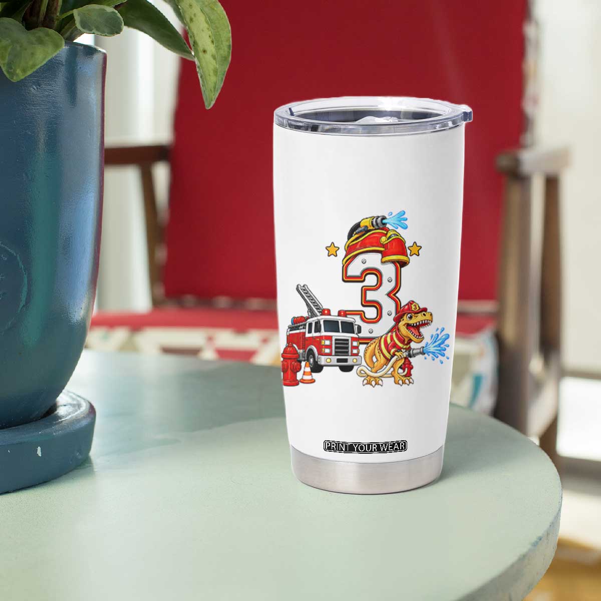 3rd Birthday Firefighter Dinosaur Tumbler Cup Fire Engine Three Year Old Party Kids