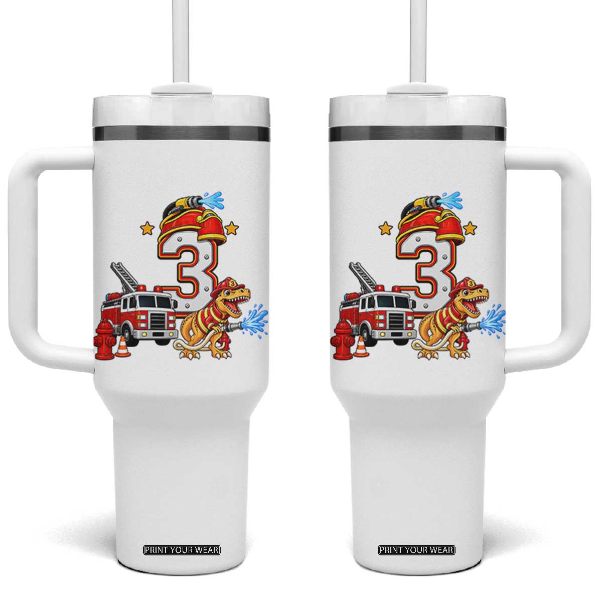 3rd Birthday Firefighter Dinosaur Tumbler With Handle Fire Engine Three Year Old Party Kids
