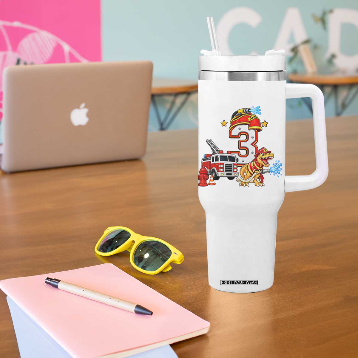 3rd Birthday Firefighter Dinosaur Tumbler With Handle Fire Engine Three Year Old Party Kids