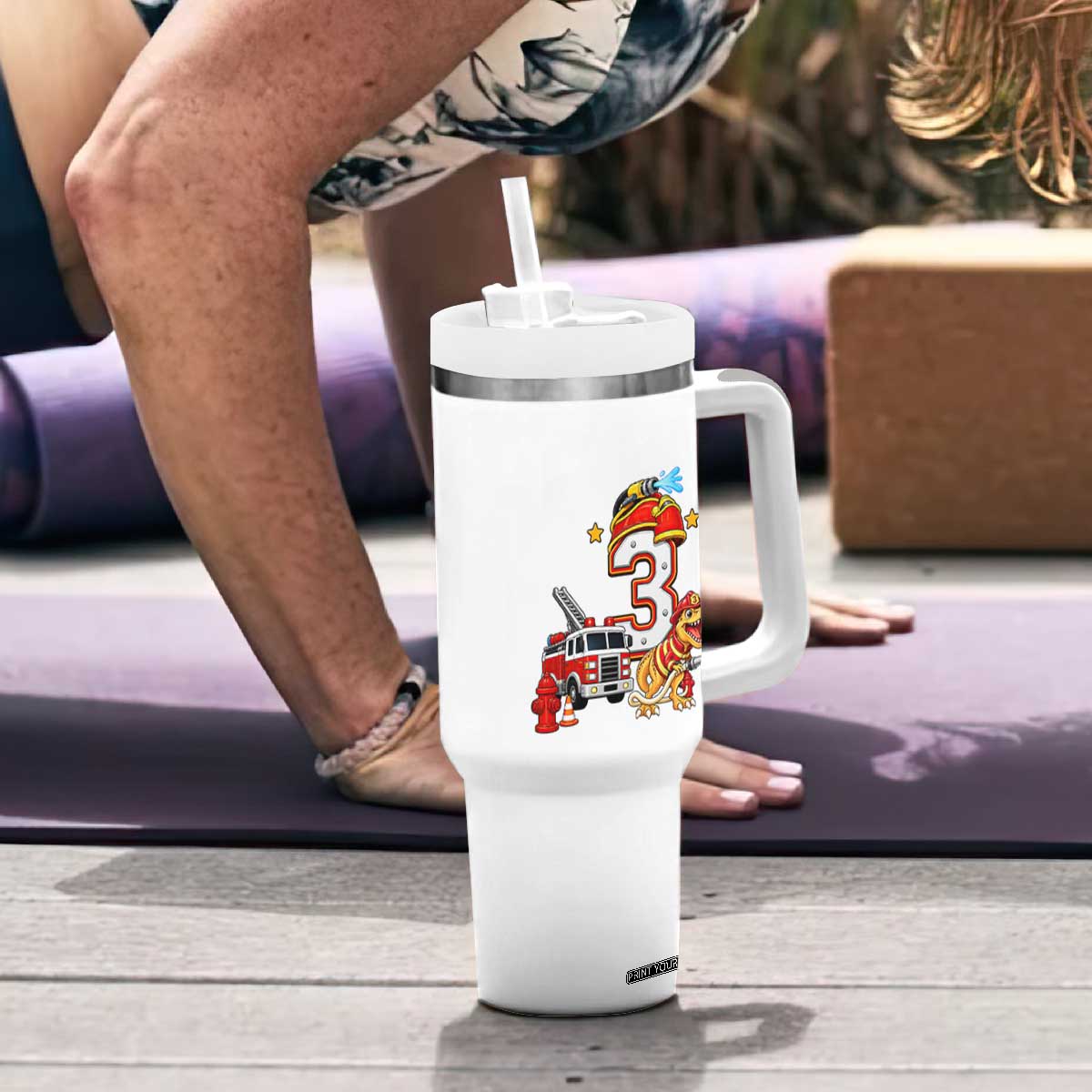 3rd Birthday Firefighter Dinosaur Tumbler With Handle Fire Engine Three Year Old Party Kids