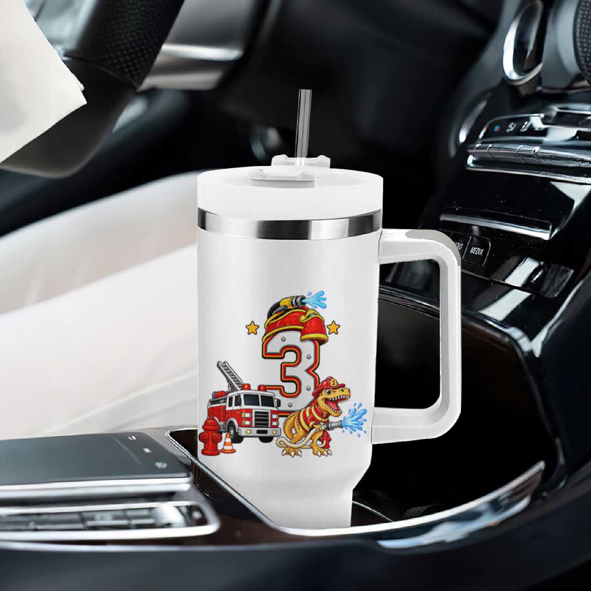 3rd Birthday Firefighter Dinosaur Tumbler With Handle Fire Engine Three Year Old Party Kids