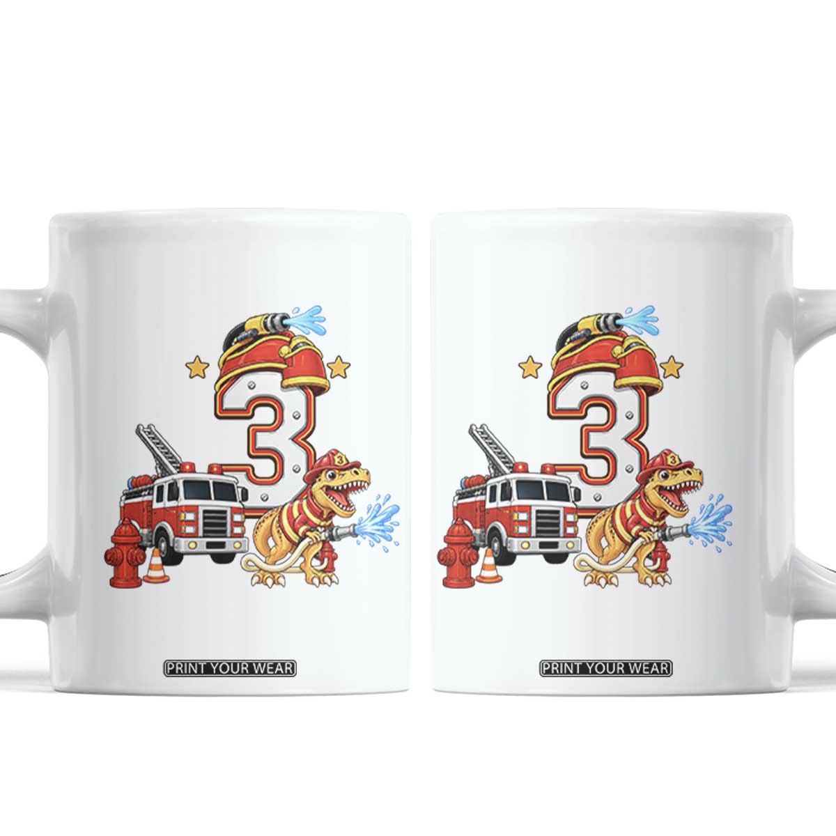 3rd Birthday Firefighter Dinosaur Coffee Mug Fire Engine Three Year Old Party Kids