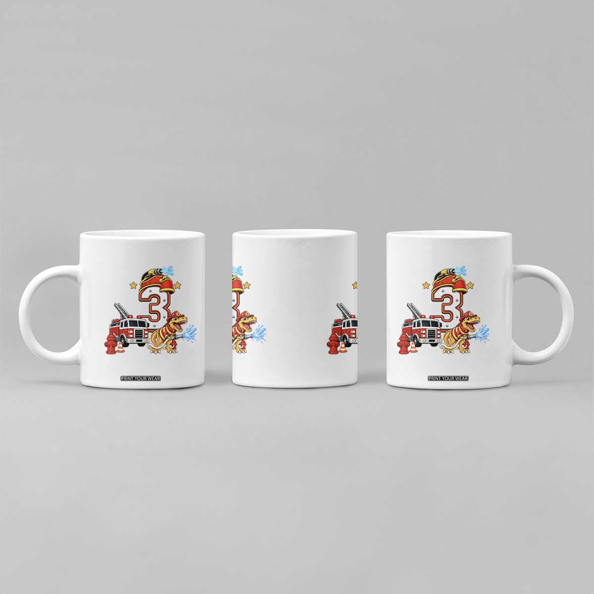 3rd Birthday Firefighter Dinosaur Coffee Mug Fire Engine Three Year Old Party Kids