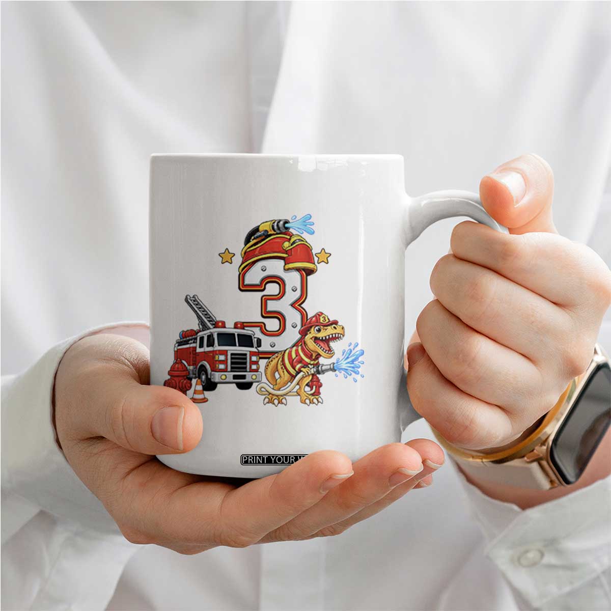 3rd Birthday Firefighter Dinosaur Coffee Mug Fire Engine Three Year Old Party Kids