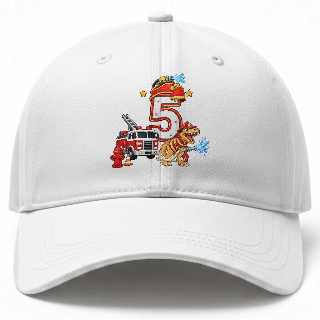 5th Birthday Firefighter Dinosaur Baseball Cap Fire Engine Five Year Old Party Kids