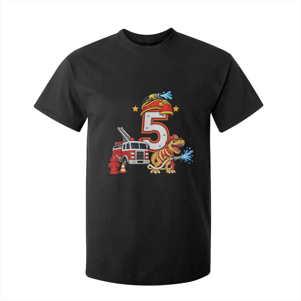 5th Birthday Firefighter Dinosaur T Shirt For Kid Fire Engine Five Year Old Party Kids