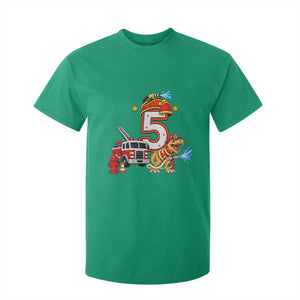 5th Birthday Firefighter Dinosaur T Shirt For Kid Fire Engine Five Year Old Party Kids