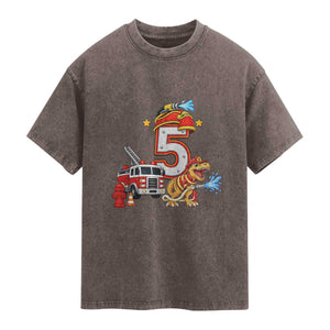 5th Birthday Firefighter Dinosaur Washed Cotton T-Shirt Fire Engine Five Year Old Party Kids