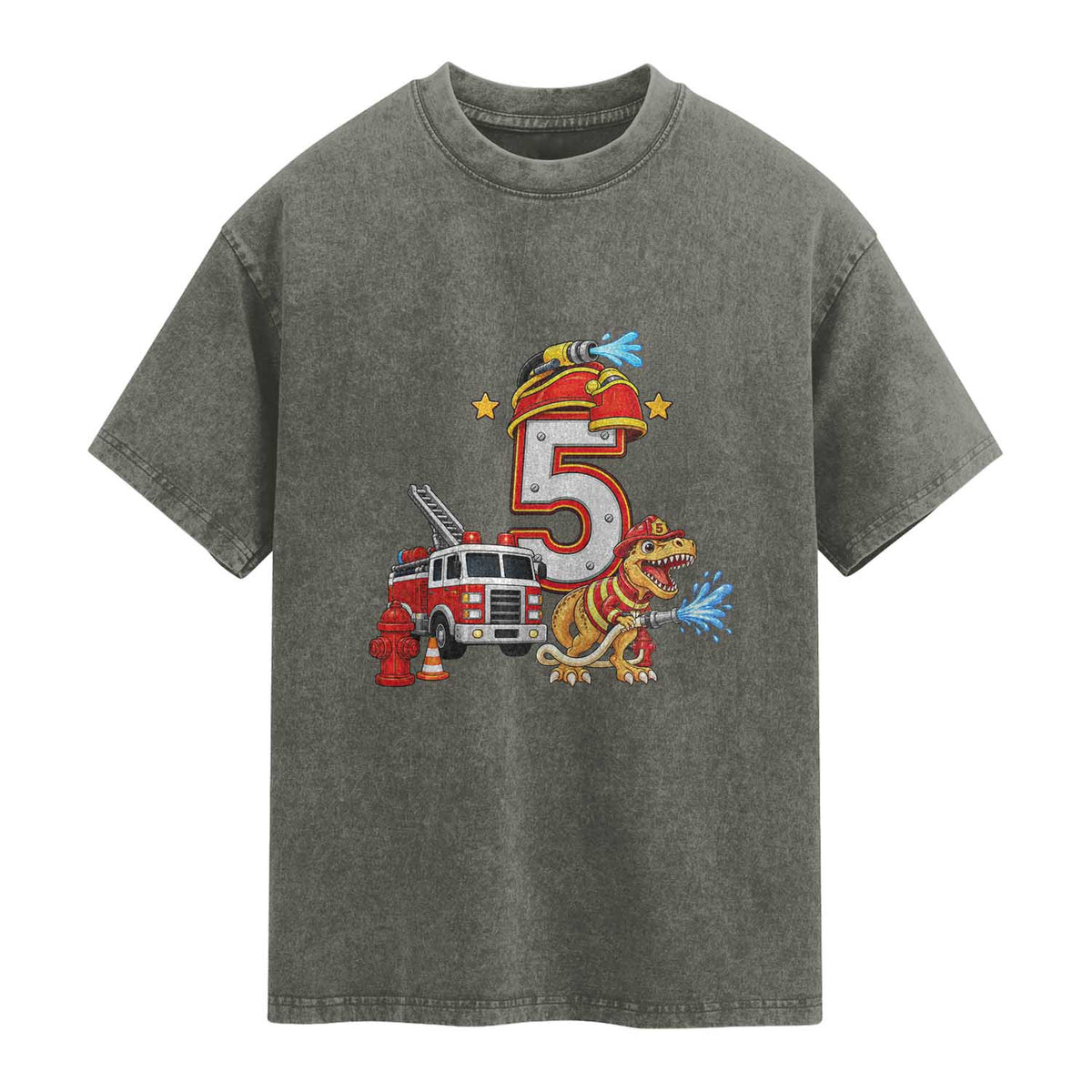 5th Birthday Firefighter Dinosaur Washed Cotton T-Shirt Fire Engine Five Year Old Party Kids