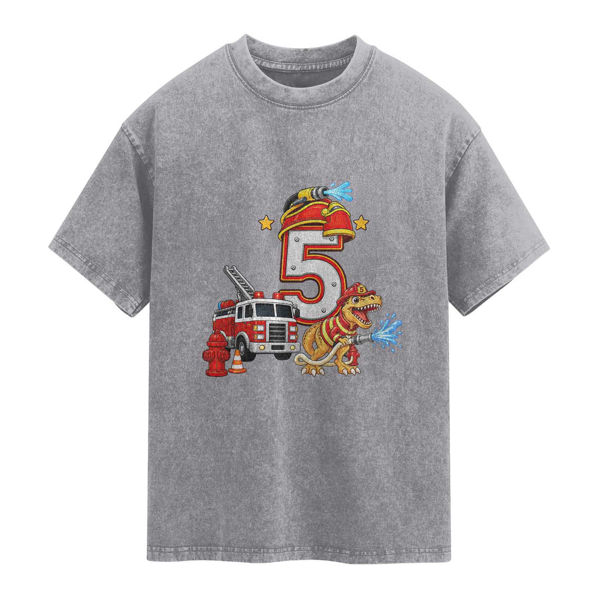 5th Birthday Firefighter Dinosaur Washed Cotton T-Shirt Fire Engine Five Year Old Party Kids