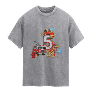 5th Birthday Firefighter Dinosaur Washed Cotton T-Shirt Fire Engine Five Year Old Party Kids