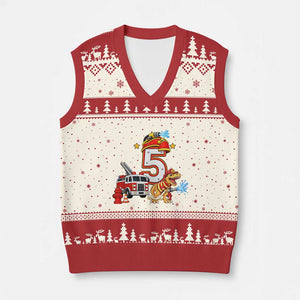 5th Birthday Firefighter Dinosaur V-Neck Knit Sweater Vest Fire Engine Five Year Old Party Kids