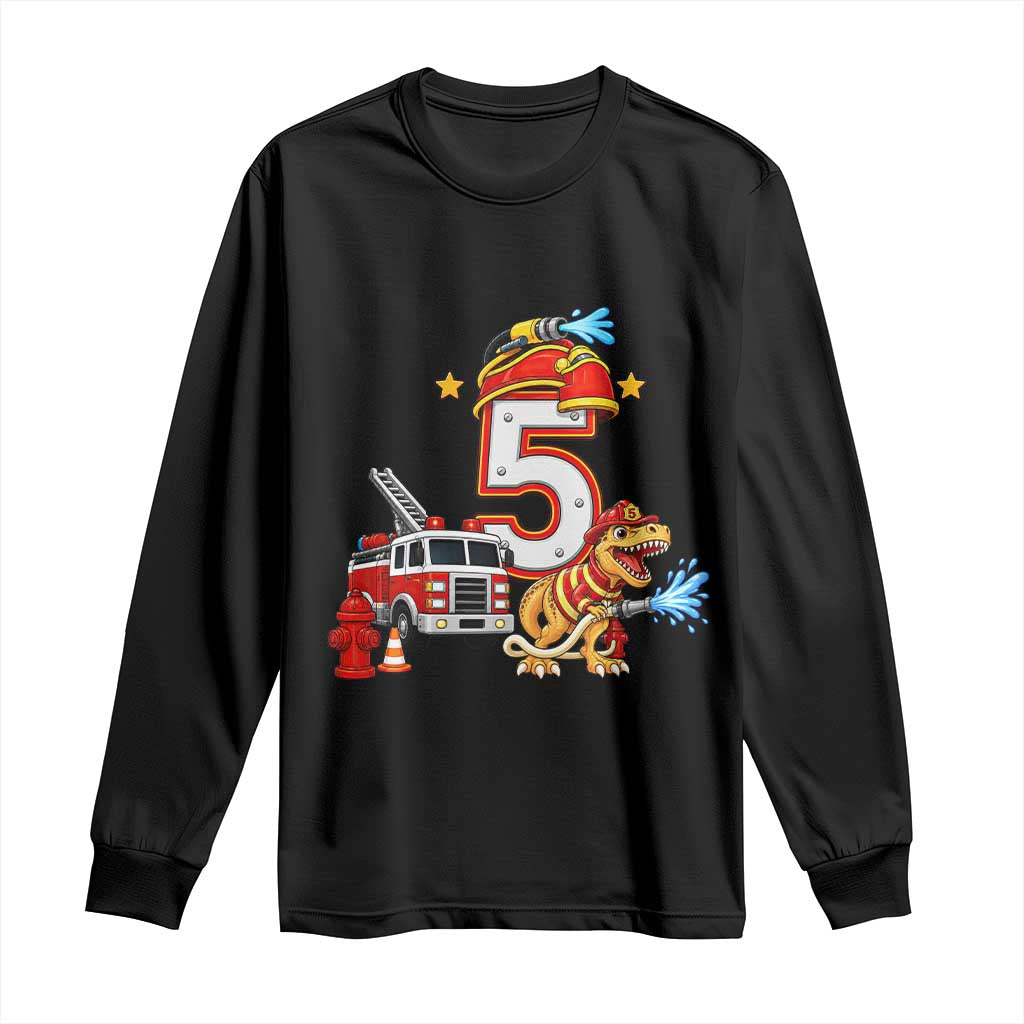 5th Birthday Firefighter Dinosaur Long Sleeve Shirt Fire Engine Five Year Old Party Kids